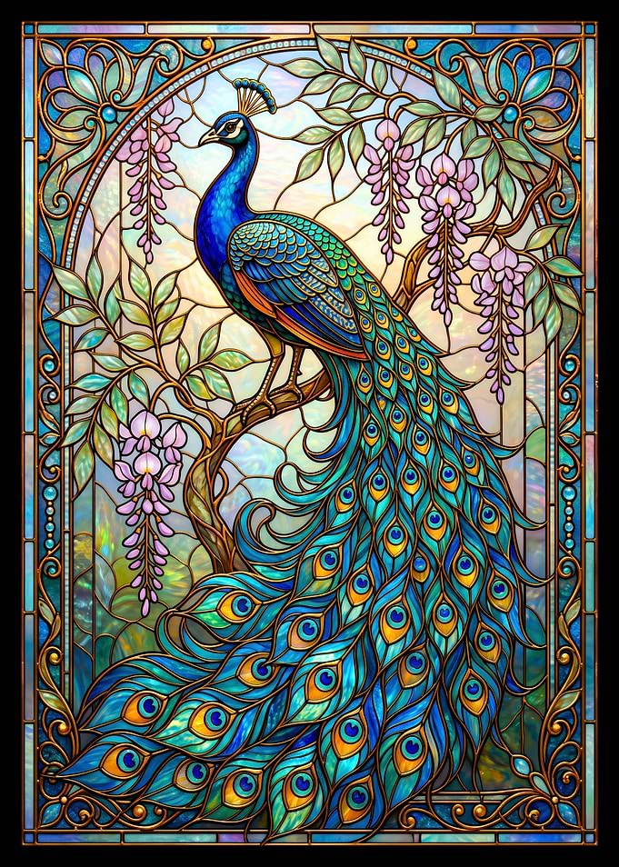 Stained Glass Peacock and Wisteria