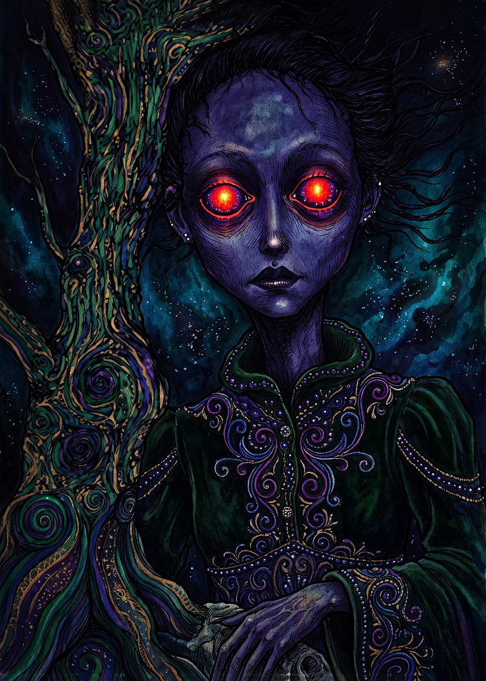 Ethereal Being with Glowing Red Eyes