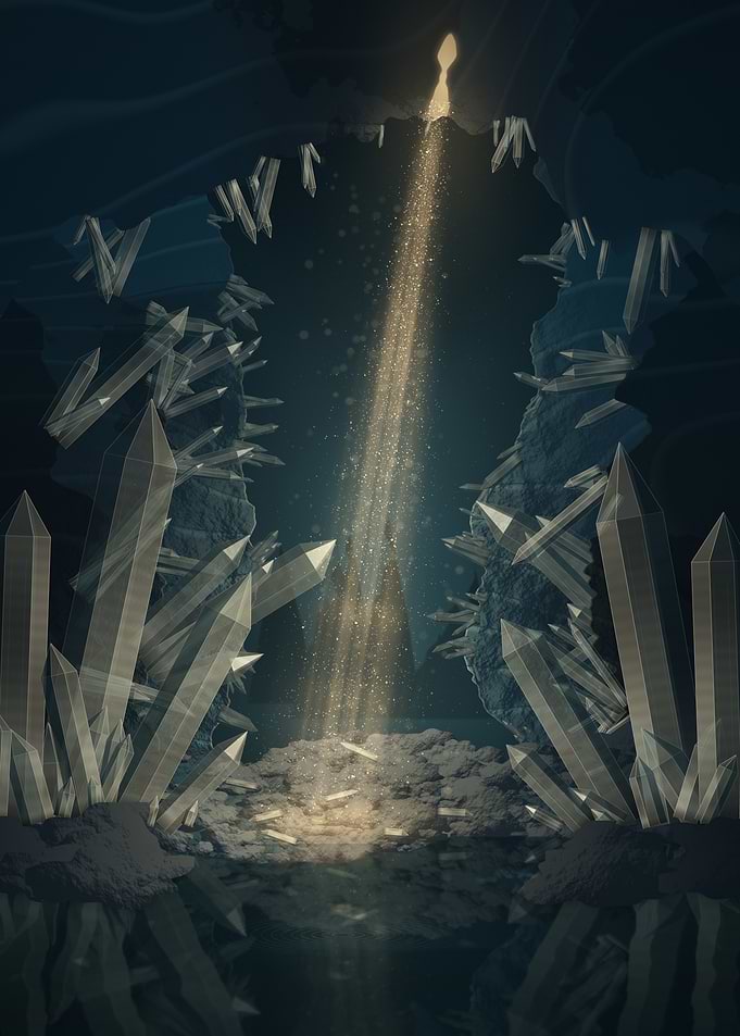 Mystical Crystal Cave with Light Beam
