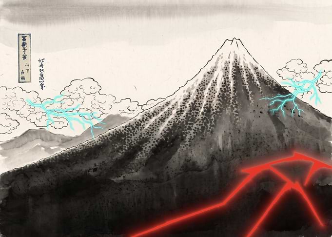 Neon Storm over Black Fuji: Hokusai in Sumi Ink