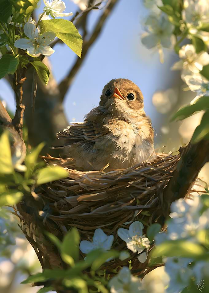 Baby Bird in a Flowering Nest