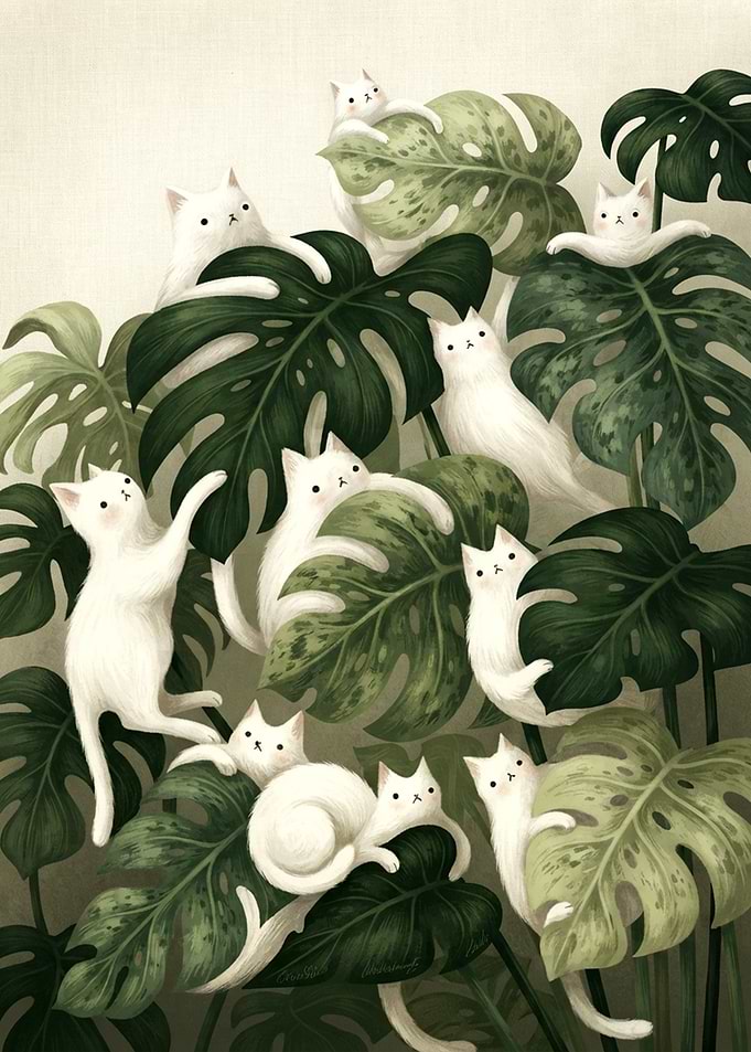 White Cats Playing in Monstera Leaves