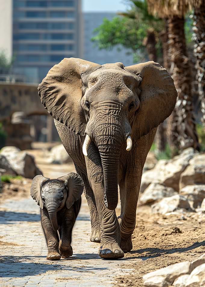 Mother Elephant and Baby Walking