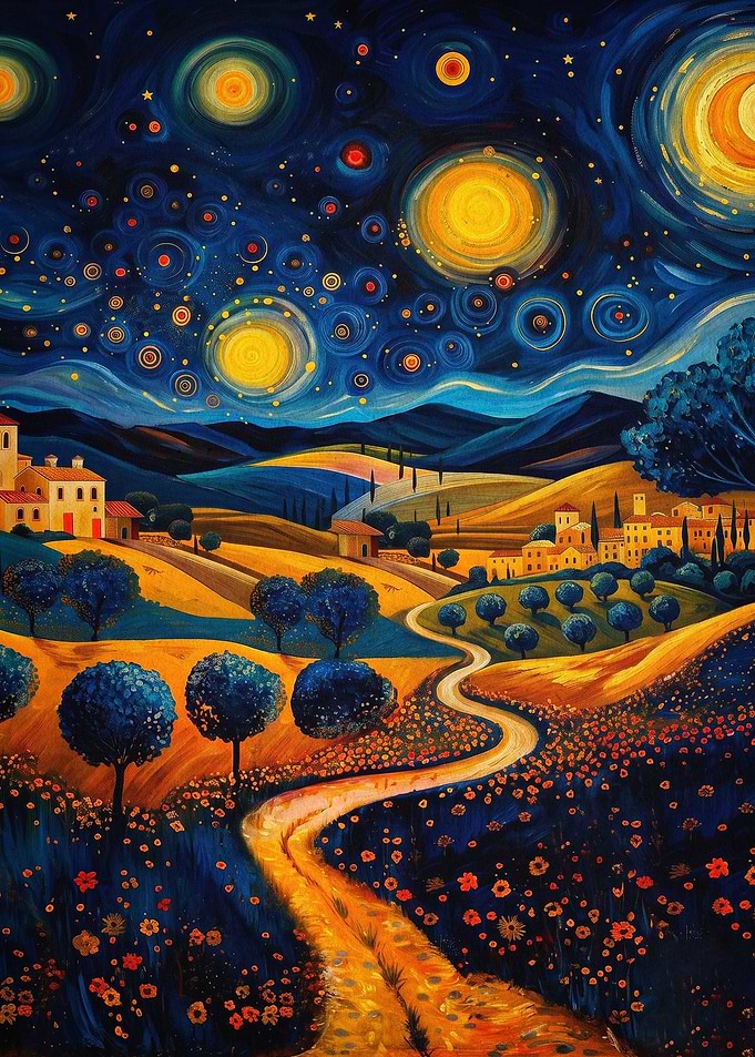Starry Night Countryside Impasto Ar