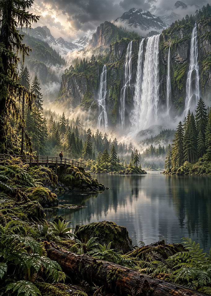 Majestic Waterfall in Misty Forest