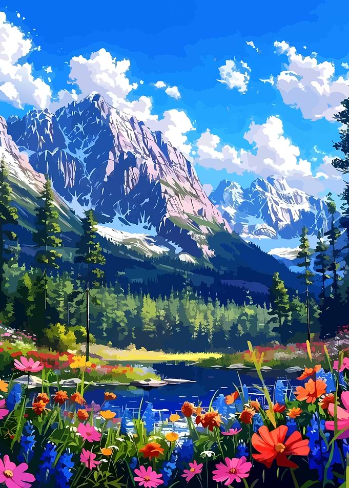 Vibrant Mountain Lake Meadow Landscape