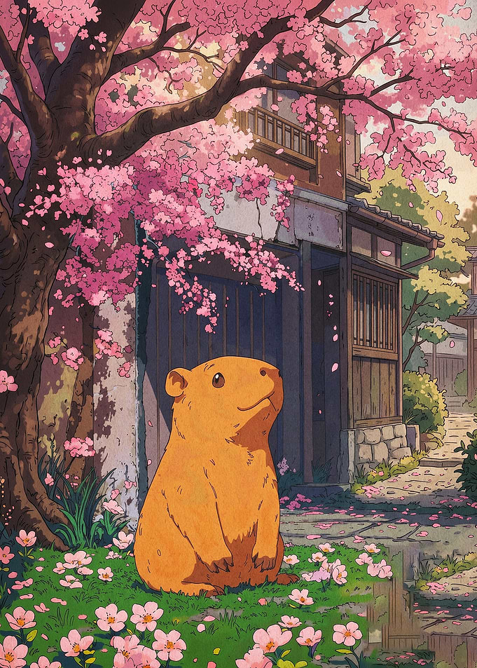 Capybara Cherry Blossom Anime Poste