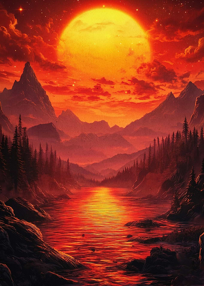 Crimson Sunset Mountain River Art