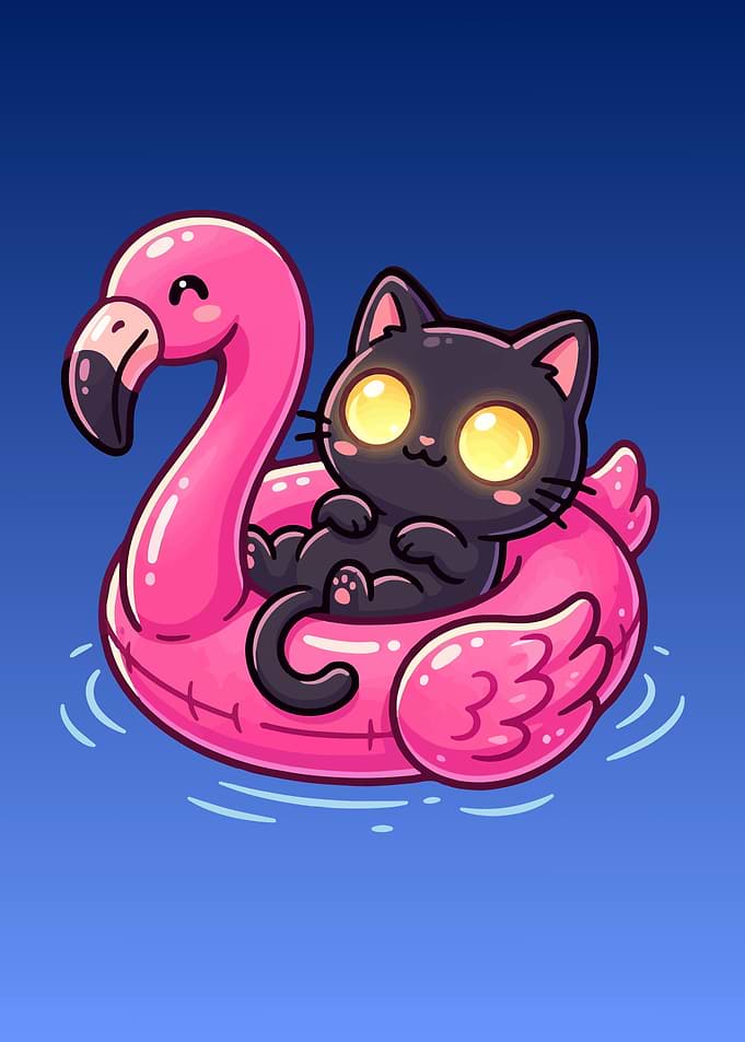 Cute Black Cat on Flamingo Float