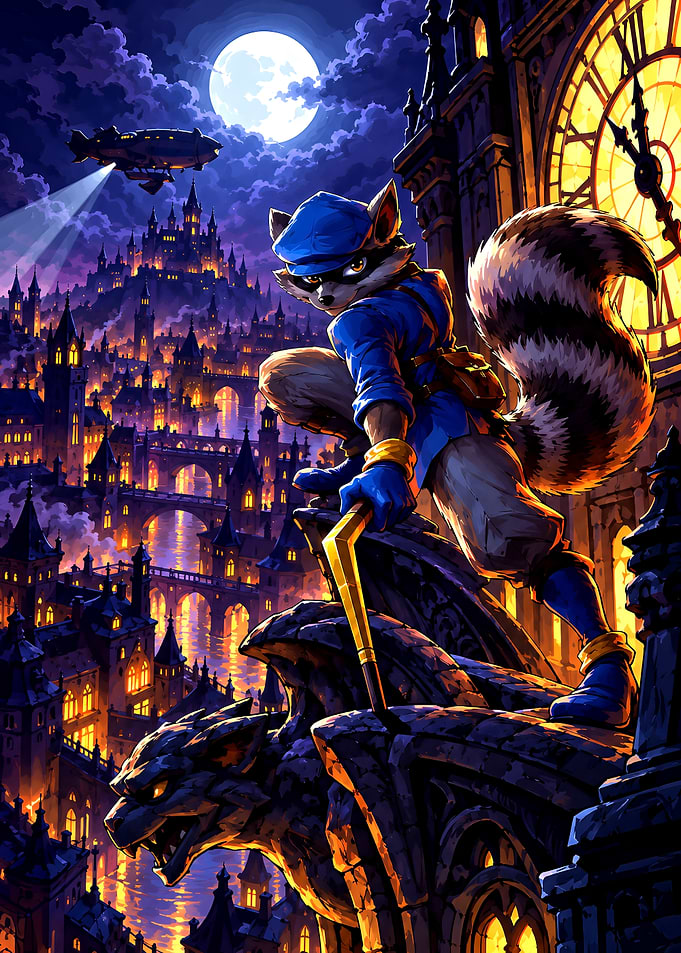Sly Cooper Perched Over Cityscape