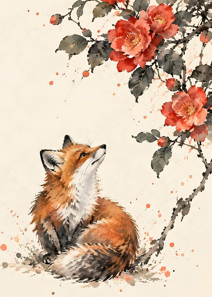 Watercolor Fox and Red Flowers