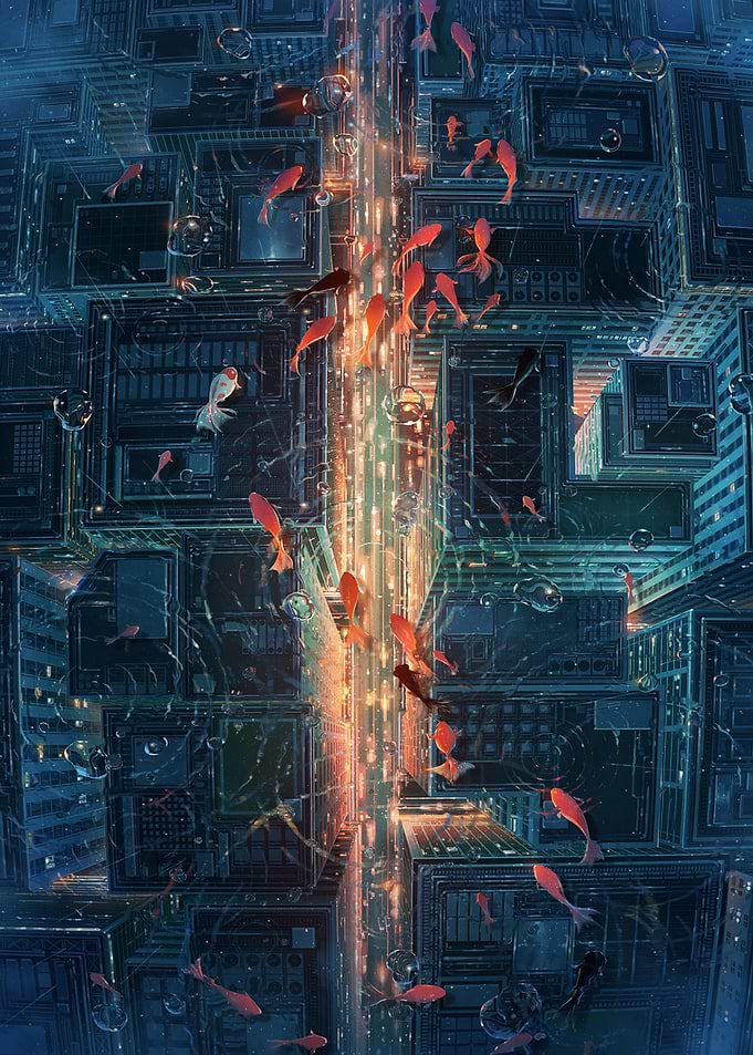 Goldfish Swimming Through Futuristic Cityscape