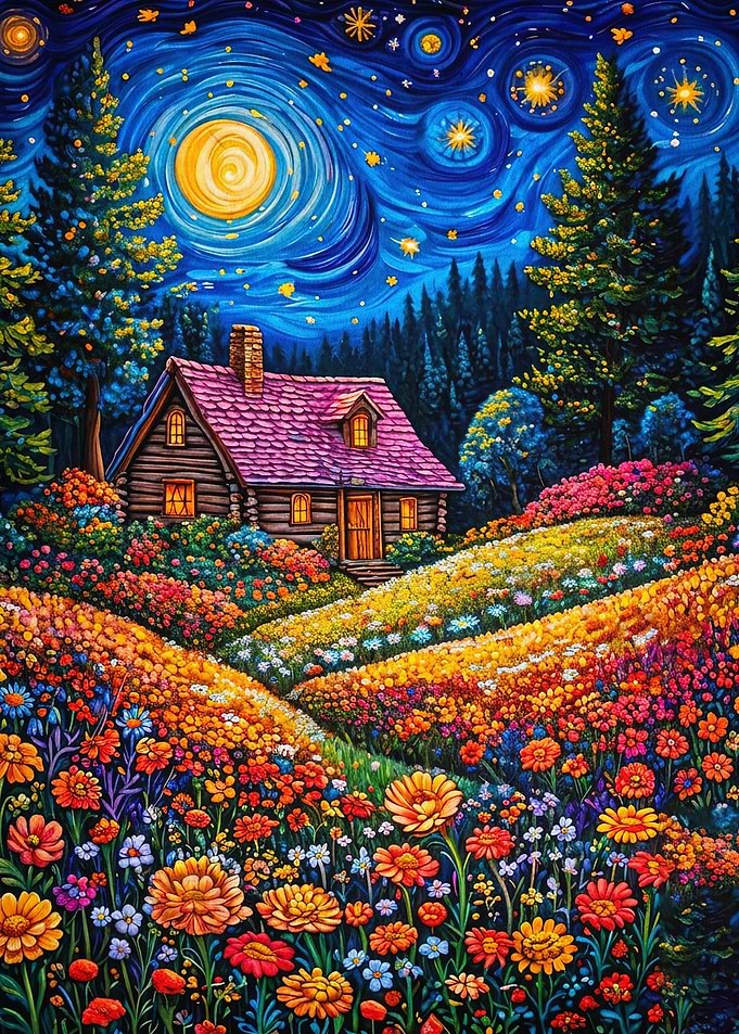Starry Night Cottage Floral Art