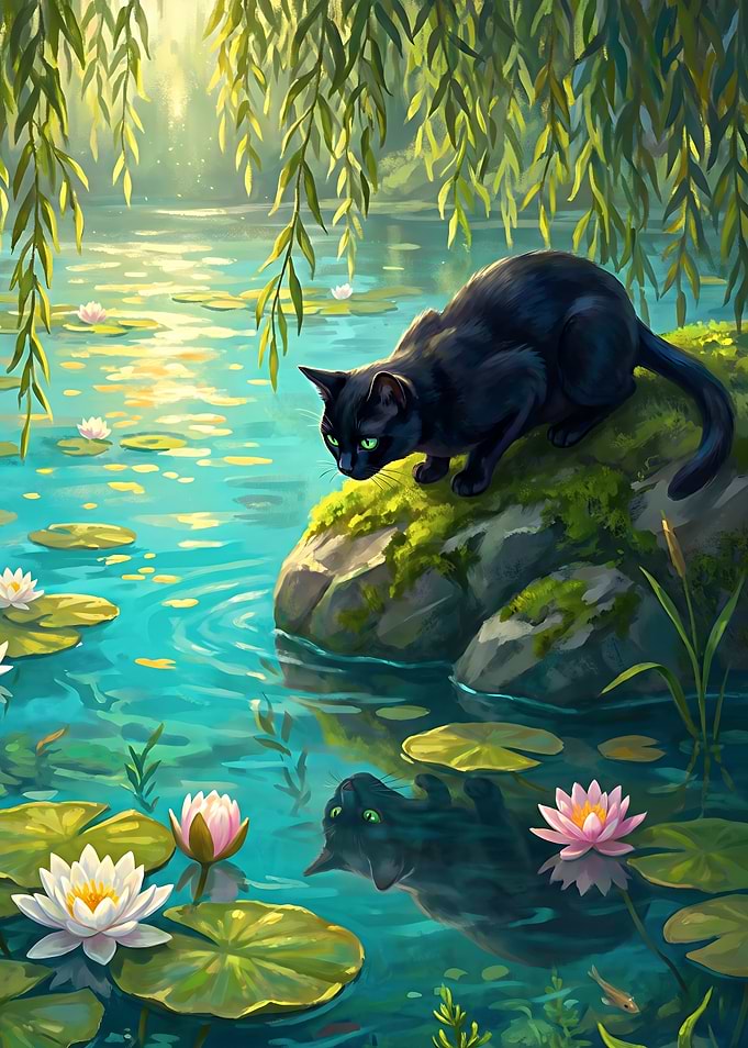 Black Cat by a Peaceful Pond