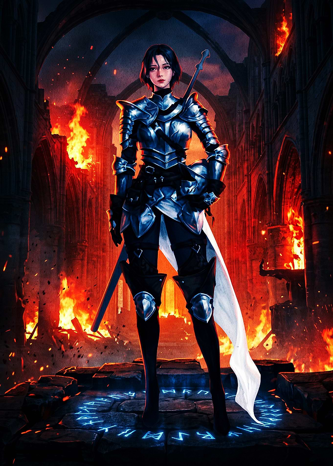 Female Knight Standing in Burning Ruins
