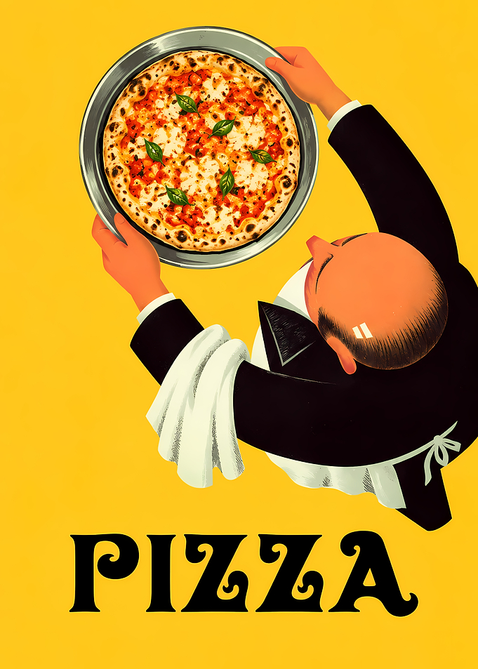 Vintage Style Waiter Serving Pizza