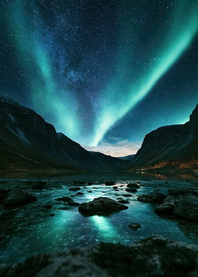 Aurora Borealis Over Mountain Lake
