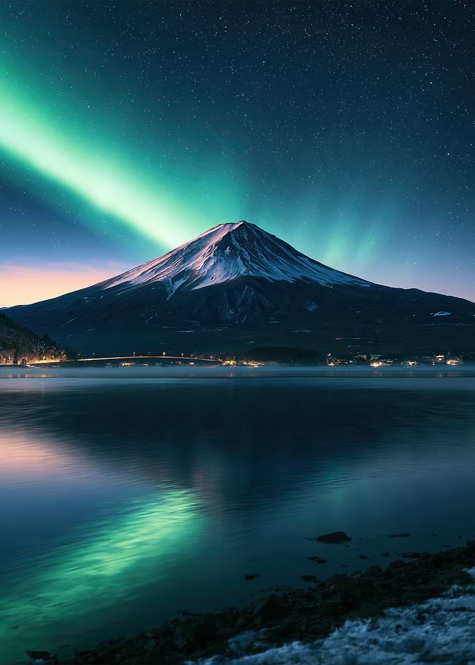 Mount Fuji Under Aurora Borealis