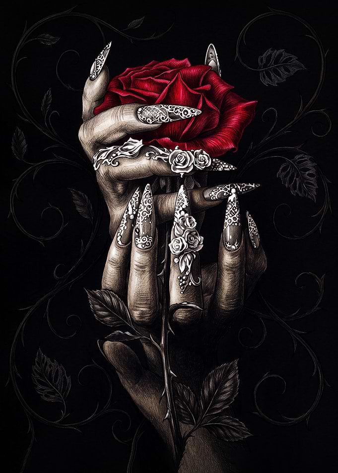 Gothic Hands Holding Red Rose
