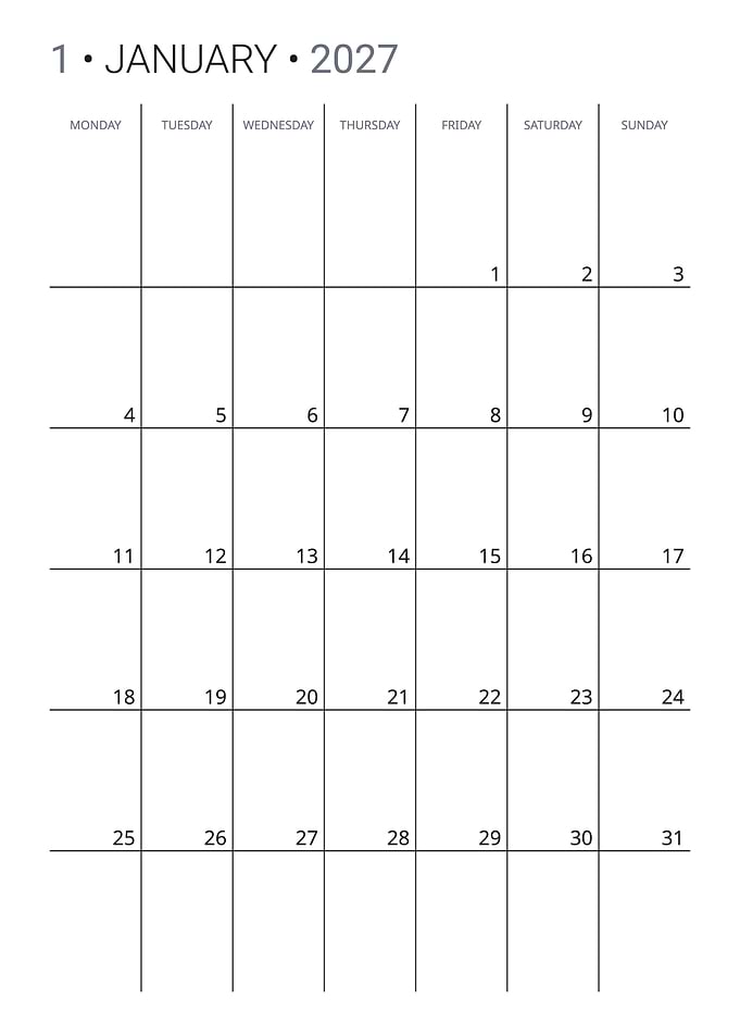 January 2027 Monthly Minimalist Calendar