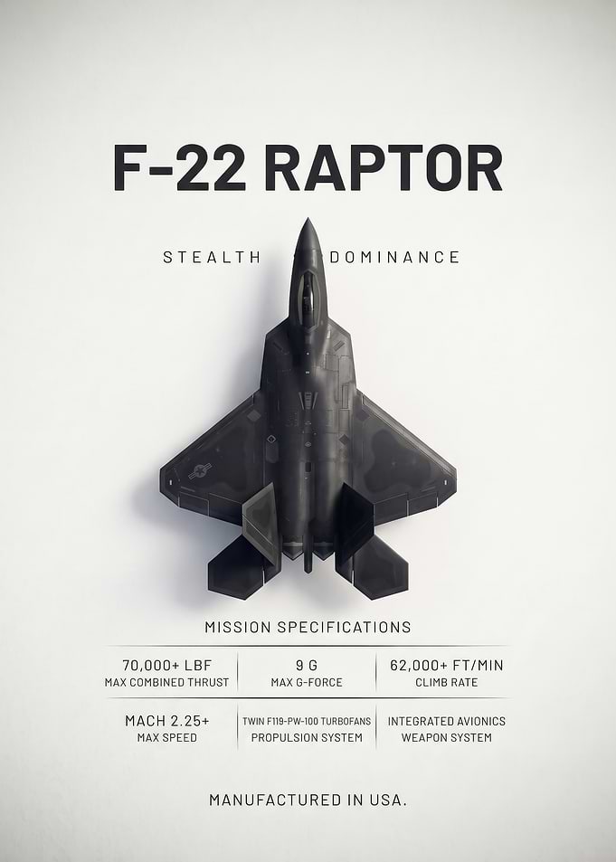 black sleek F22 Raptor Military Aircraft Poster