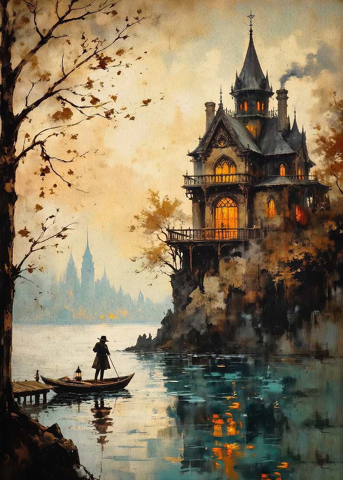 Gothic Castle Lake Watercolor Art
