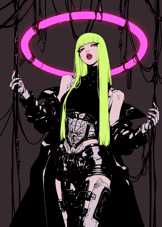 Cyberpunk Neon Halo Android Girl