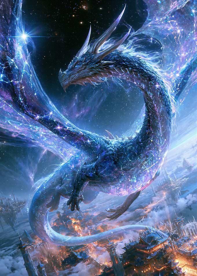 Celestial Cosmic Dragon Over City