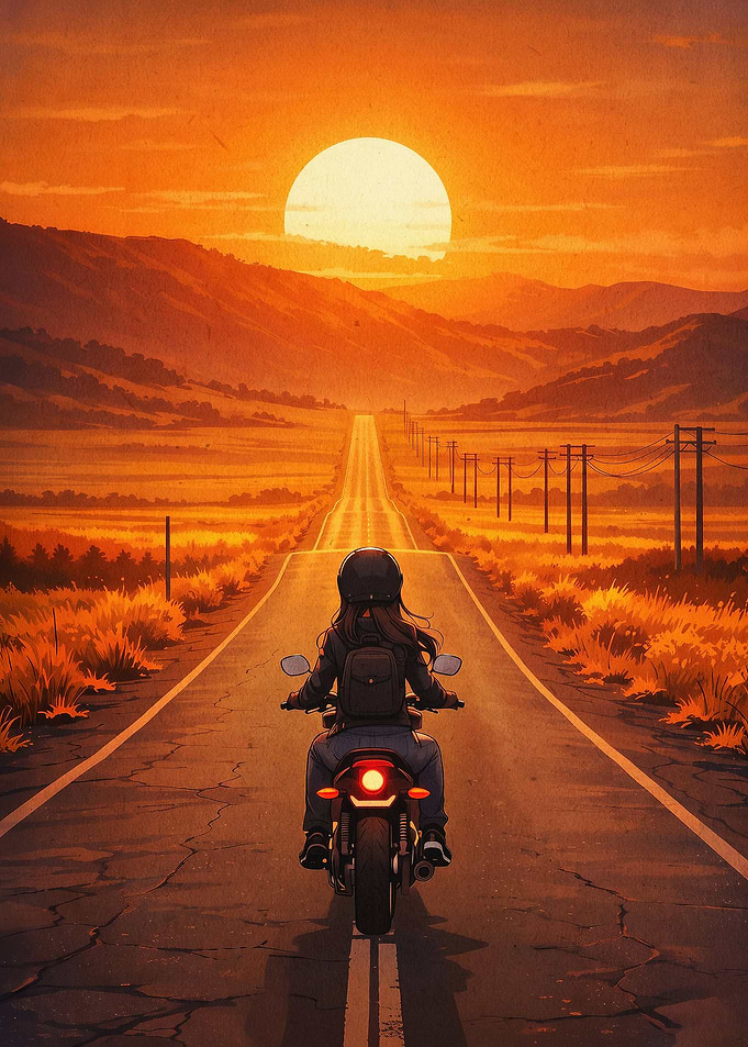 Biker Sunset Road Retro Art