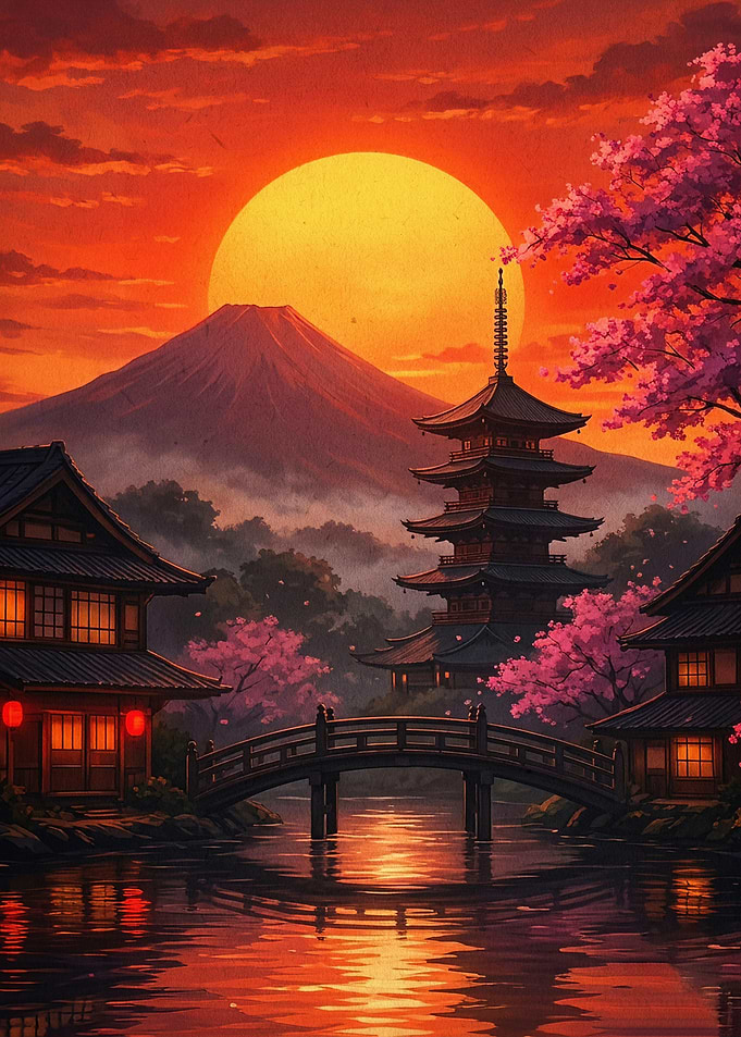 Japan Sunset Temple Retro Art