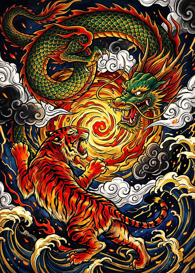 Dragon and Tiger Battle Illustration
