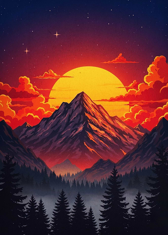 Sunset Mountain Retro Poster Art