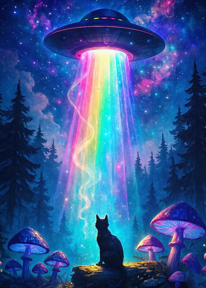 Cat UFO Space Trippy Cosmic Art