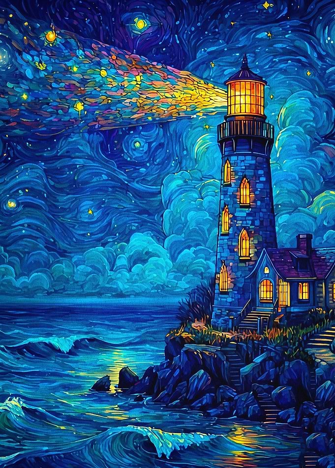 Lighthouse Starry Night Oil Art