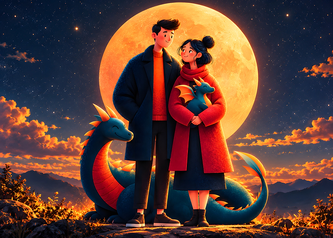 Couple with Dragons Under Full Moon