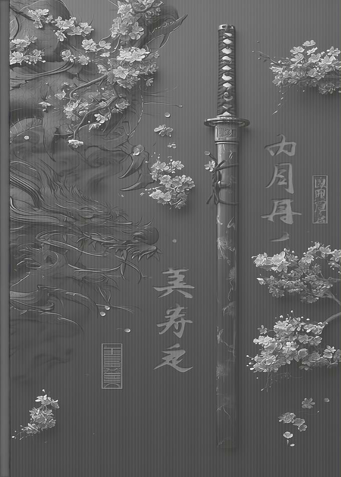 Monochrome Katana with Dragon and Blossoms