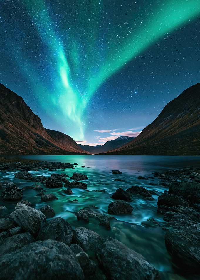 Aurora Borealis Over Mountain Lake