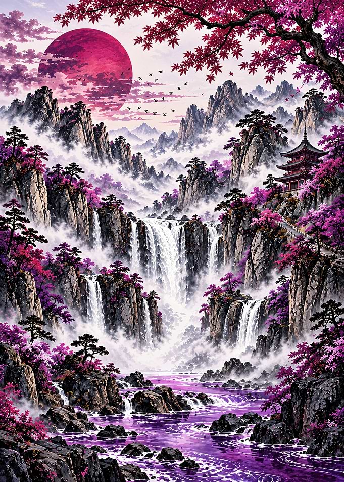 Ethereal Purple Waterfall Mountain Landscape