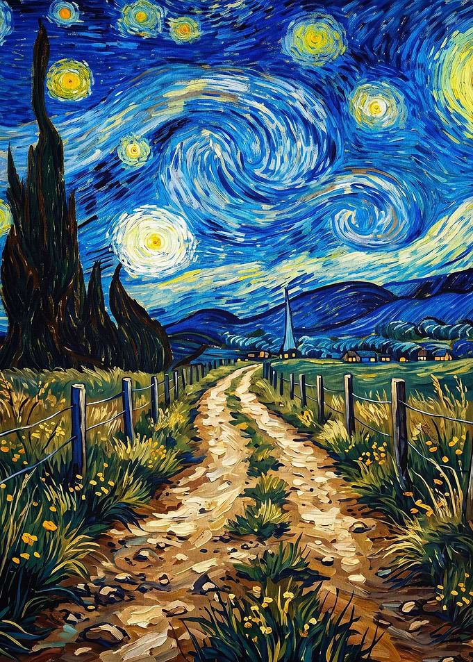 Starry Night Path Impasto Art