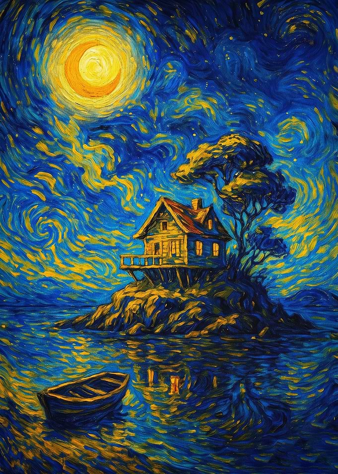 Starry Night Cabin Impressionism Ar