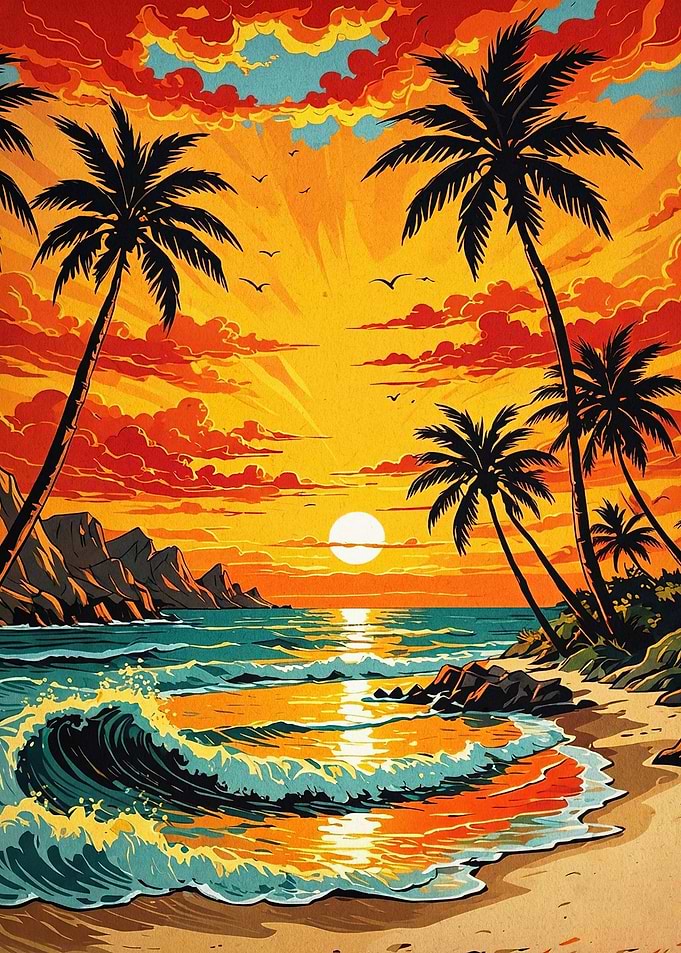 Sunset Beach Palm Trees Retro Art