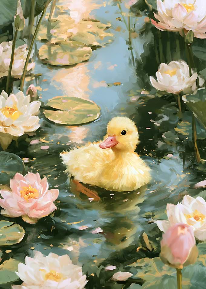 Cute Duckling Swimming Among Lotus Flowers