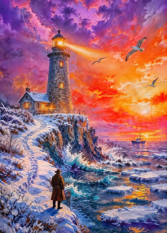 Winter Lighthouse Sunset Art Poster