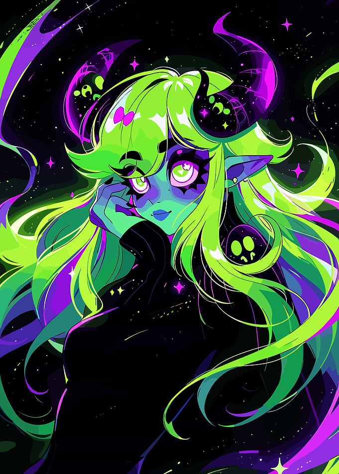 Neon Green Demon Girl Digital Art