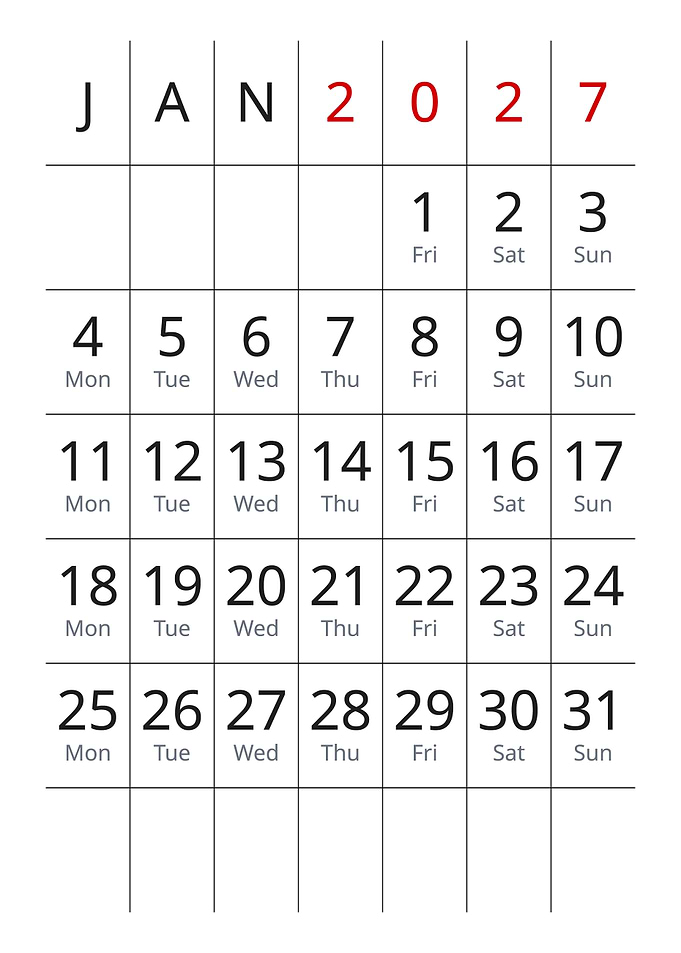 January 2027 Monthly Minimalist Calendar