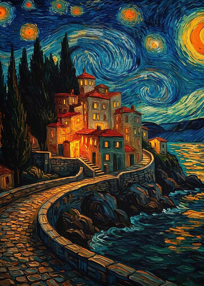 Starry Coastal Village Post