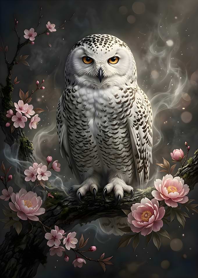 Snowy Owl Perched on Flowering Branch