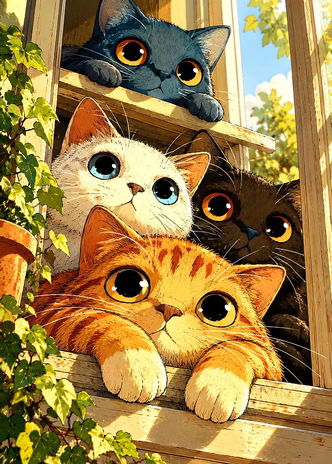 Four Cute Cats Looking Out Window