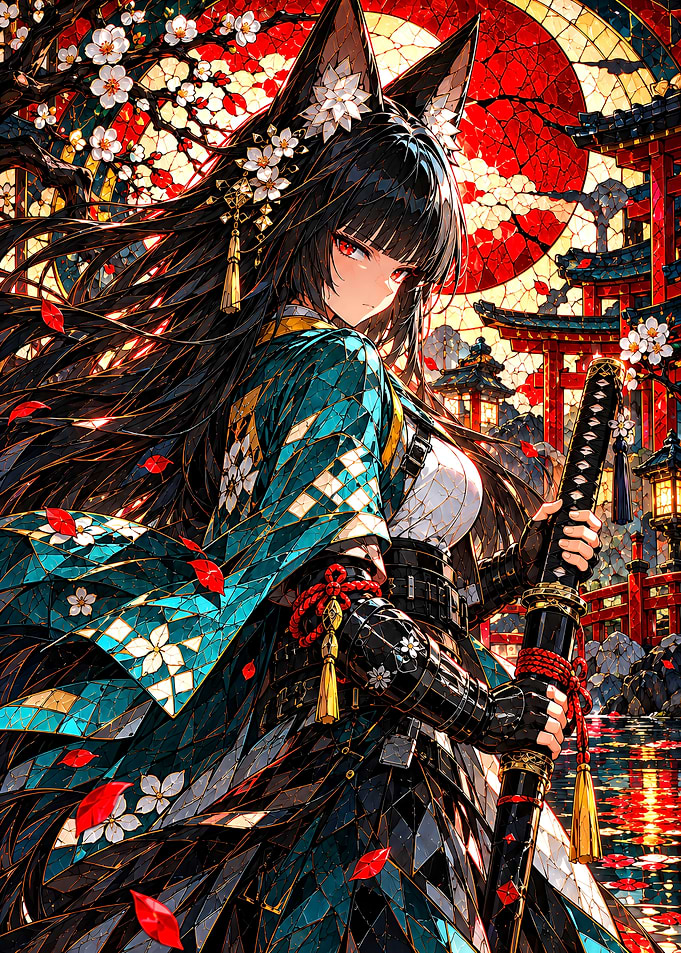Stained Glass Fox Girl Samurai