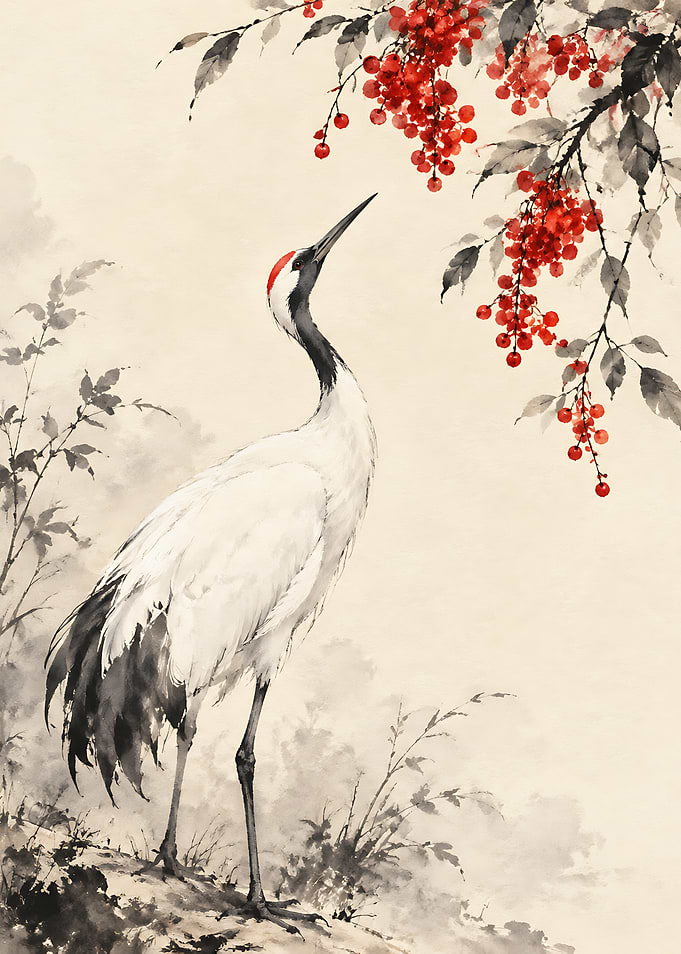 Red-Crowned Crane and Berries Painting